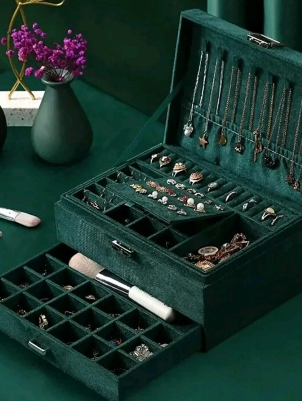 Velvet Jewelry Organizer Box in Deep Green